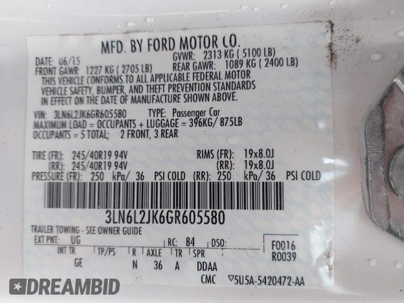 2016 Lincoln MKZ with VIN 3LN6L2JK6GR605580, listed as a IAAI auction lot 41453116 with Not provided miles and . Bid and sale history available at DreamBid. Image 9.