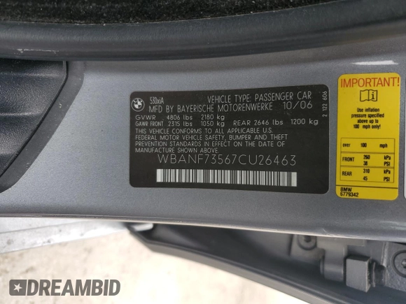 2007 BMW 5 Series 530xi with VIN WBANF73567CU26463, listed as a Copart auction lot 47670845 with 168,965 mi miles and Salvage Title. Bid and sale history available at carsss.com. Image 14.