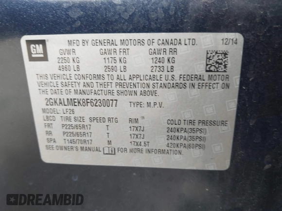 2015 GMC Terrain SLE z VIN 2GKALMEK8F6230077, wystawiony jako IAAI lot #42372634 z przebiegiem 142 231 mil mil oraz . Historia ofert i sprzedaży dostępna na DreamBid. Obrazek 9.