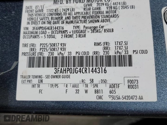 2012 Ford Fusion SEL with VIN 3FAHP0JG4CR144316, listed as a Copart auction lot 46071915 with 163,072 mi miles and Non Repairable. Bid and sale history available at carsss.com. Image 12.
