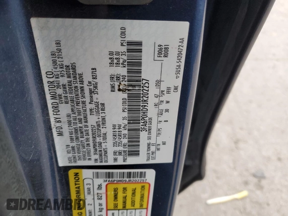 2018 Ford Fusion SE with VIN 3FA6P0HD9JR202257, listed as a Copart auction lot 87290204 with 190,280 mi miles and Salvage Title. Bid and sale history available at DreamBid. Image 14.