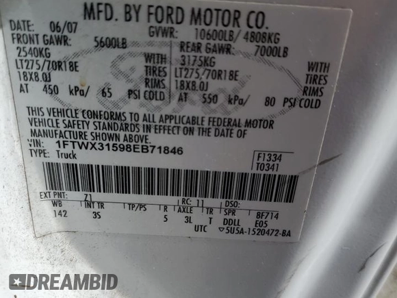 2008 Ford F-350 XL with VIN 1FTWX31598EB71846, listed as a Copart auction lot 54018915 with 196,802 mi miles and Clean Title. Bid and sale history available at DreamBid. Image 12.