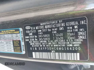 2021 Kia Telluride SX with VIN 5XYP5DHC6MG164200, listed as a IAAI auction lot 42176716 with 143,783 mi miles and . Bid and sale history available at DreamBid. Image 9.