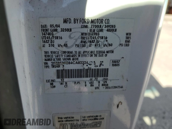 2004 Ford F-150 XL with VIN 2FTPF17Z84CA82324, listed as a Copart auction lot 73259214 with Not provided miles and Clean title. Bid and sale history available at DreamBid. Image 12.