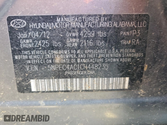 2012 Hyundai Sonata Limited z VIN 5NPEC4AC1CH448235, wystawiony jako Copart lot #88016635 z przebiegiem 160 249 mil mil oraz Szkoda całkowita • Salvage title. Historia ofert i sprzedaży dostępna na DreamBid. Obrazek 12.