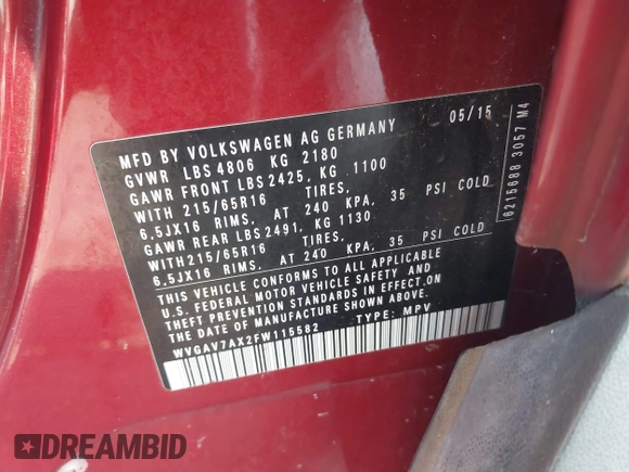 2015 Volkswagen Tiguan R-Line with VIN WVGAV7AX2FW115582, listed as a IAAI auction lot 42215389 with 168,182 mi miles and . Bid and sale history available at DreamBid. Image 9.