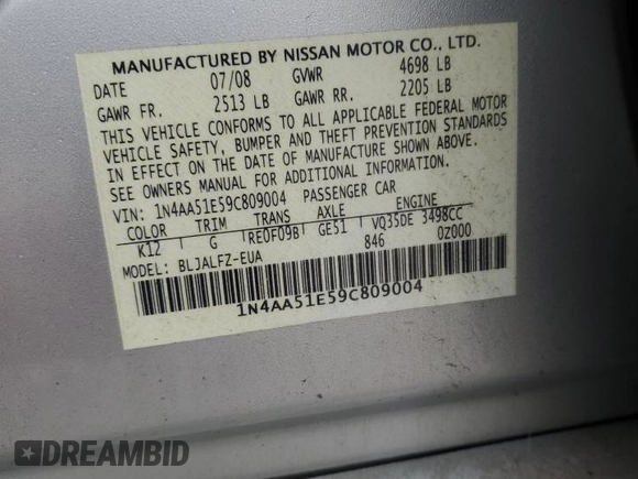 2009 Nissan Maxima S z VIN 1N4AA51E59C809004, wystawiony jako Copart lot #55623395 z przebiegiem 104 300 mil mil oraz Szkoda całkowita • Salvage title. Historia ofert i sprzedaży dostępna na DreamBid. Obrazek 13.