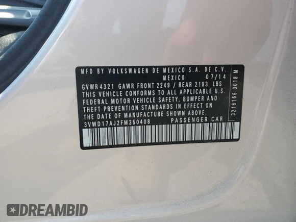 2015 Volkswagen Jetta SE с VIN 3VWD17AJ2FM350408, выставлен на аукционе Copart как лот 60422495 с пробегом 137 473 миль миль и Списание • Salvage title. История ставок и продаж доступна на DreamBid. Изображение 12.