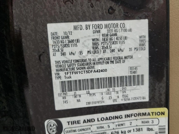 2013 Ford F-150 XL with VIN 1FTFW1CT5DFA42400, listed as a Copart auction lot 89262775 with 151,409 mi miles and Clean Title. Bid and sale history available at carsss.com. Image 12.