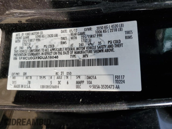 2013 Ford Escape SE with VIN 1FMCU0GX9DUA16048, listed as a Copart auction lot 57780915 with Not provided miles and Salvage title. Bid and sale history available at DreamBid. Image 14.