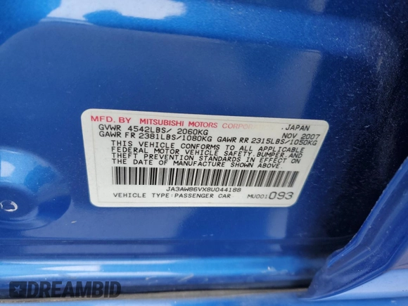 2008 Mitsubishi Lancer Evolution GSR with VIN JA3AW86VX8U044188, listed as a Copart auction lot 70872314 with 0 mi miles and Salvage Title. Bid and sale history available at carsss.com. Image 14.