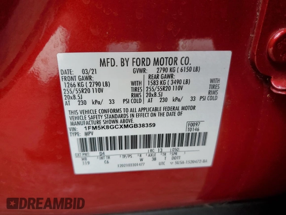 2021 Ford Explorer ST with VIN 1FM5K8GCXMGB38359, listed as a Copart auction lot 43824295 with 36,907 mi miles and Non Repairable. Bid and sale history available at carsss.com. Image 14.
