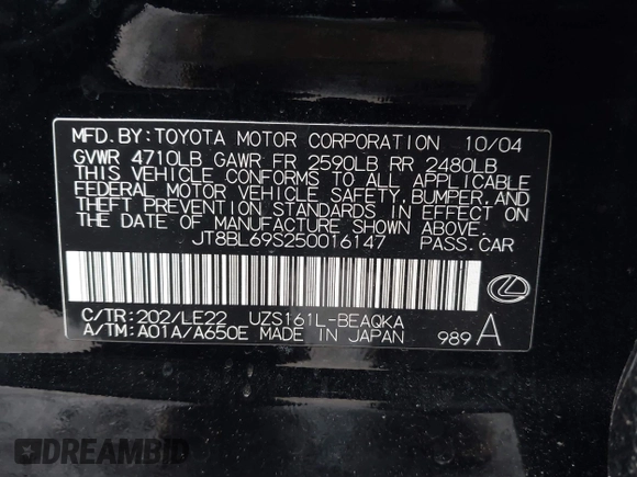 2005 Lexus GS 430 with VIN JT8BL69S250016147, listed as a IAAI auction lot 41973521 with 97,779 mi miles and . Bid and sale history available at DreamBid. Image 9.