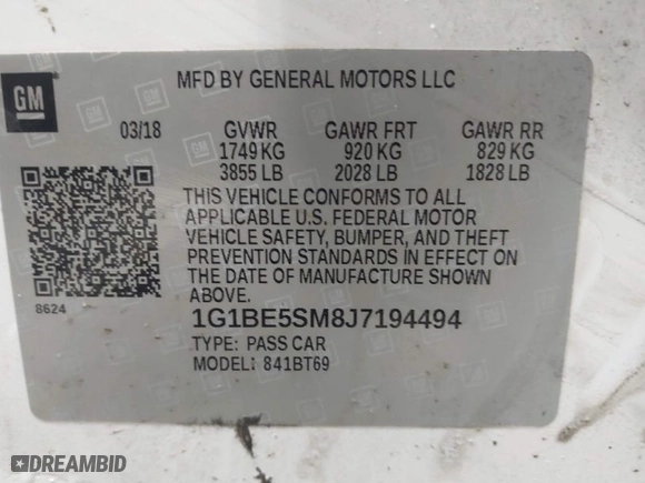2018 Chevrolet Cruze LT with VIN 1G1BE5SM8J7194494, listed as a IAAI auction lot 41272542 with 79,539 mi miles. Bid and sale history available at carsss.com. Image 9.
