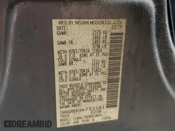 2019 Nissan Frontier SV z VIN 1N6AD0EV5KN755581, wystawiony jako Copart lot #58420985 z przebiegiem 148 589 mil mil oraz Szkoda całkowita • Salvage title. Historia ofert i sprzedaży dostępna na DreamBid. Obrazek 12.