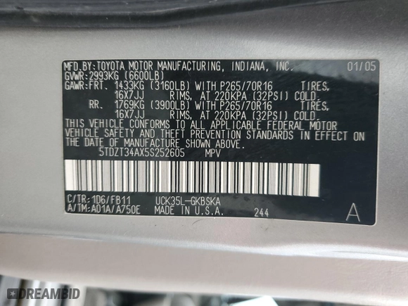 2005 Toyota Sequoia SR5 with VIN 5TDZT34AX5S252605, listed as a Copart auction lot 47688465 with 175,610 mi miles and Salvage Title. Bid and sale history available at carsss.com. Image 13.