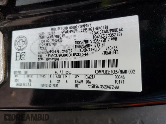 2013 Ford Escape SE with VIN 1FMCU9G96DUB33544, listed as a Copart auction lot 50563025 with 278,629 mi miles and Salvage Title. Bid and sale history available at DreamBid. Image 13.
