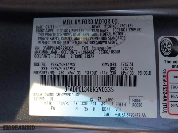 2011 Ford Fusion Hybrid with VIN 3FADP0L34BR290335, listed as a IAAI auction lot 42094674 with 171,391 mi miles. Bid and sale history available at carsss.com. Image 9.
