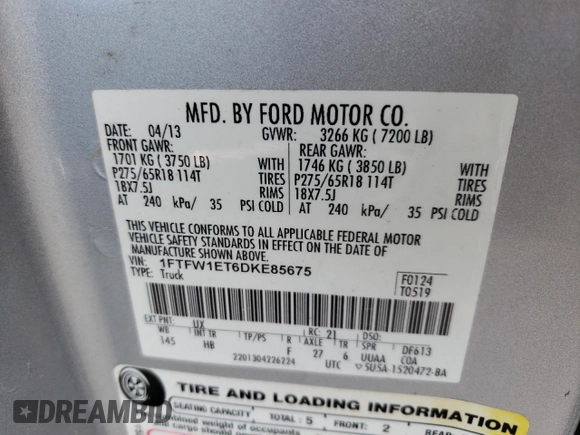 2013 Ford F-150 XL with VIN 1FTFW1ET6DKE85675, listed as a Copart auction lot 58386735 with 139,616 mi miles and Clean title. Bid and sale history available at DreamBid. Image 12.