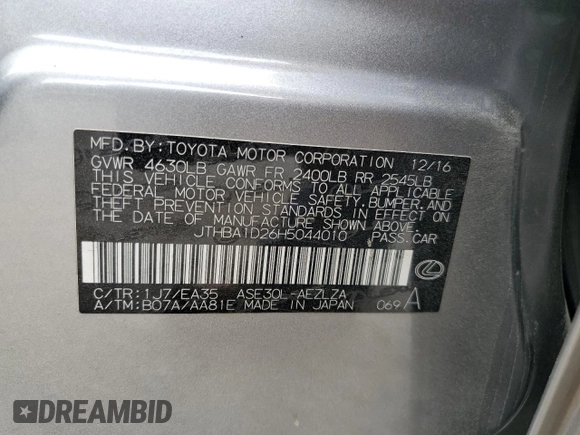 2017 Lexus IS 200t with VIN JTHBA1D26H5044010, listed as a Copart auction lot 54601235 with 59,258 mi miles and Salvage Title. Bid and sale history available at DreamBid. Image 13.