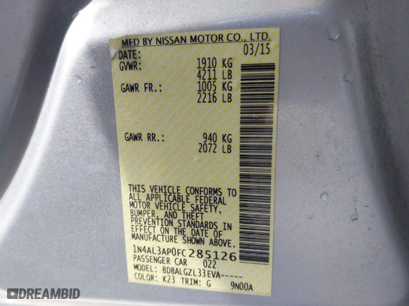 2015 Nissan Altima 2.5 S with VIN 1N4AL3AP0FC285126, listed as a IAAI auction lot 41629561 with 118,613 mi miles. Bid and sale history available at carsss.com. Image 9.