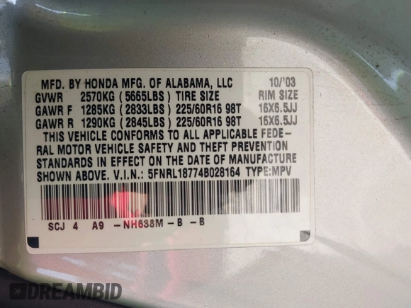 2004 Honda Odyssey EX-L with VIN 5FNRL18774B028164, listed as a IAAI auction lot 42454877 with 135,720 mi miles and . Bid and sale history available at DreamBid. Image 9.