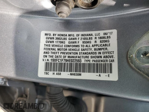 2017 Honda Civic EX-L с VIN 19XFC1F79HE022593, выставлен на аукционе Copart как лот 43459985 с пробегом 83 008 миль миль и Списание • Salvage title. История ставок и продаж доступна на DreamBid. Изображение 12.