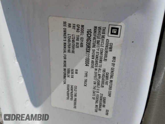 1999 Chevrolet Express Cargo with VIN 1GCHG35R3X1110004, listed as a Copart auction lot 59386095 with 141,925 mi miles and Salvage title. Bid and sale history available at DreamBid. Image 13.