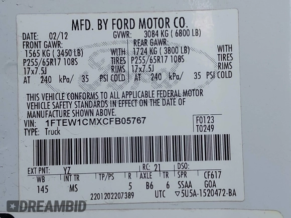 2012 Ford F-150 XL with VIN 1FTEW1CMXCFB05767, listed as a IAAI auction lot 41726889 with 302,191 mi miles. Bid and sale history available at carsss.com. Image 9.