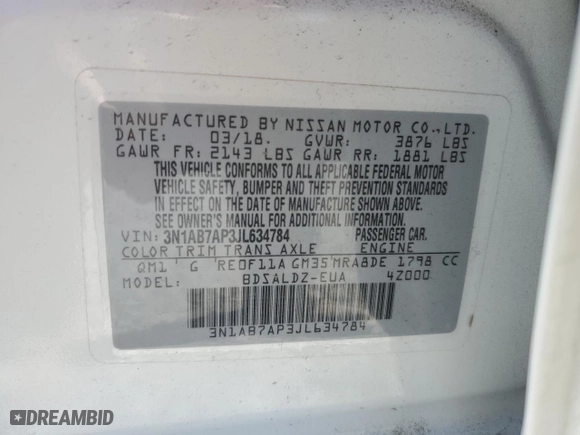 2018 Nissan Sentra SV with VIN 3N1AB7AP3JL634784, listed as a Copart auction lot 49206035 with 76,823 mi miles and Salvage Title. Bid and sale history available at carsss.com. Image 14.