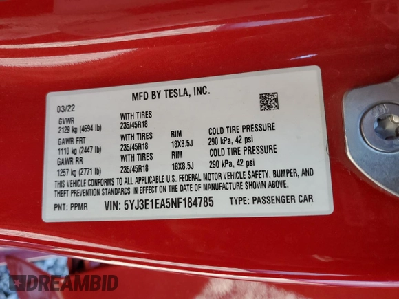 2022 Tesla Model 3 with VIN 5YJ3E1EA5NF184785, listed as a Copart auction lot 49466575 with 85,273 mi miles and Salvage Title. Bid and sale history available at DreamBid. Image 13.