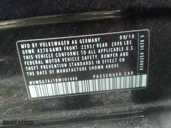 2011 Volkswagen Golf with VIN WVWDA7AJ1BW101448, listed as a IAAI auction lot 41673677 with 65,066 mi miles. Bid and sale history available at carsss.com. Image 9.