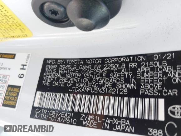 2021 Toyota Prius L Eco с VIN JTDKAMFU5M3142128, выставлен на аукционе IAAI как лот 42481468 с пробегом 28 152 миль миль и . История ставок и продаж доступна на DreamBid. Изображение 9.