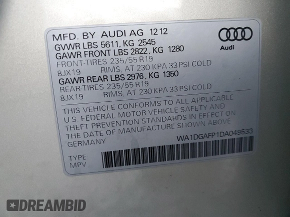 2013 Audi Q5 Premium Plus с VIN WA1DGAFP1DA049533, выставлен на аукционе Copart как лот 49407725 с пробегом 127 833 миль миль и Списание • Salvage title. История ставок и продаж доступна на DreamBid. Изображение 15.