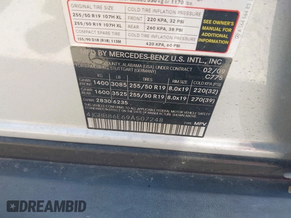 2009 Mercedes-Benz M 350 with VIN 4JGBB86E69A507248, listed as a IAAI auction lot 42077634 with 124,279 mi miles and . Bid and sale history available at DreamBid. Image 9.
