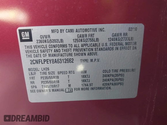 2010 Chevrolet Equinox LT w/2LT with VIN 2CNFLPEY8A6312662, listed as a IAAI auction lot 41868252 with 115,609 mi miles. Bid and sale history available at carsss.com. Image 9.