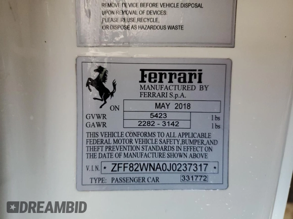2018 Ferrari GTC4Lusso с VIN ZFF82WNA0J0237317, выставлен на аукционе Copart как лот 75118364 с пробегом Не указан миль и Списание • Salvage title. История ставок и продаж доступна на DreamBid. Изображение 14.