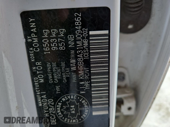2021 Hyundai Venue SE with VIN KMHRB8A31MU094862, listed as a Copart auction lot 45573855 with 169,095 mi miles and Salvage Title. Bid and sale history available at DreamBid. Image 12.
