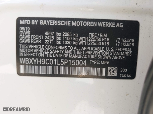 2020 BMW X2 sDrive28i with VIN WBXYH9C01L5P15004, listed as a IAAI auction lot 41128060 with 86,052 mi miles. Bid and sale history available at carsss.com. Image 9.
