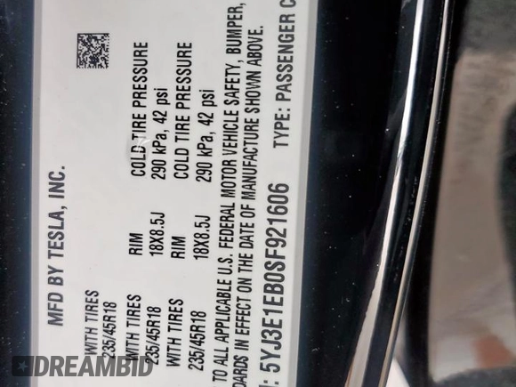 2025 Tesla Model 3 Long Range with VIN 5YJ3E1EB0SF921606, listed as a Copart auction lot 60728995 with 6,281 mi miles and Salvage title. Bid and sale history available at DreamBid. Image 12.