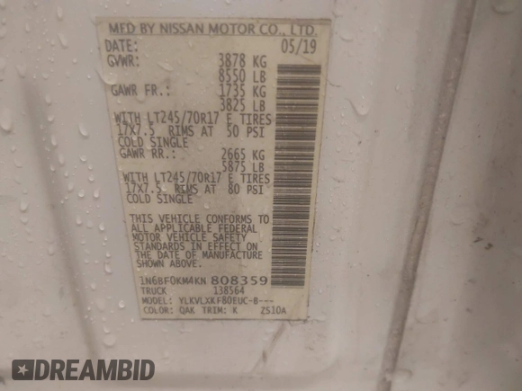 2019 Nissan NV Cargo S z VIN 1N6BF0KM4KN808359, wystawiony jako IAAI lot #42340241 z przebiegiem 183 788 mil mil oraz . Historia ofert i sprzedaży dostępna na DreamBid. Obrazek 9.