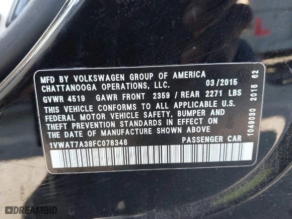 2015 Volkswagen Passat 1.8T S with VIN 1VWAT7A38FC078348, listed as a IAAI auction lot 41847952 with 135,530 mi miles. Bid and sale history available at carsss.com. Image 9.