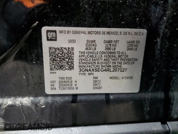 2024 Chevrolet Equinox LS z VIN 3GNAXSEG4RL207127, wystawiony jako Copart lot #43313545 z przebiegiem Nie podano mil oraz Szkoda całkowita • Salvage title. Historia ofert i sprzedaży dostępna na DreamBid. Obrazek 14.