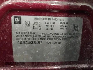 2016 Buick LaCrosse Sport Touring with VIN 1G4G45G31GF274357, listed as a IAAI auction lot 41434134 with 56,631 mi miles. Bid and sale history available at carsss.com. Image 9.