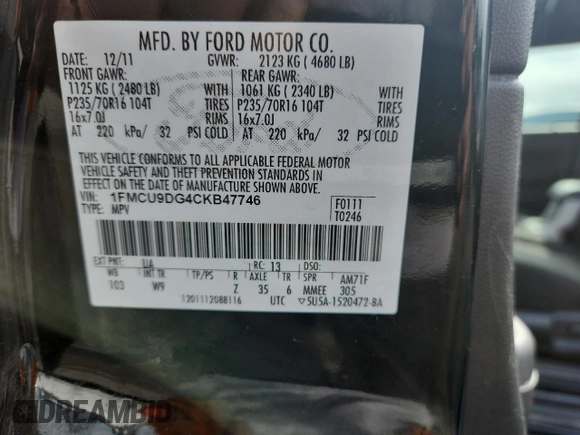 2012 Ford Escape XLT с VIN 1FMCU9DG4CKB47746, выставлен на аукционе Copart как лот 63258185 с пробегом 221 586 миль миль и Чистый • Clean title. История ставок и продаж доступна на DreamBid. Изображение 13.