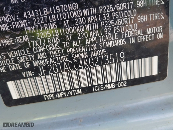 2019 Subaru Crosstrek Premium with VIN JF2GTACC4KG273519, listed as a IAAI auction lot 41830441 with 76,710 mi miles. Bid and sale history available at carsss.com. Image 9.