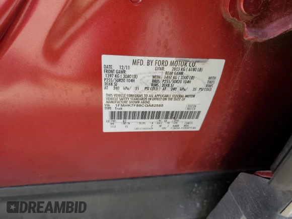 2012 Ford Explorer Limited with VIN 1FMHK7F88CGA82585, listed as a Copart auction lot 52578415 with 168,250 mi miles and Salvage Title. Bid and sale history available at DreamBid. Image 13.