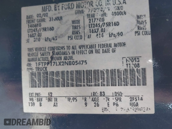 2002 Ford F-150 XL z VIN 1FTPF17LX2NB05475, wystawiony jako IAAI lot #41389549 z przebiegiem Nie podano mil oraz . Historia ofert i sprzedaży dostępna na DreamBid. Obrazek 9.