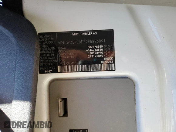 2014 Mercedes-Benz Sprinter with VIN WD3PE8DE2E5826891, listed as a Copart auction lot 54057315 with 193,177 mi miles and Clean Title. Bid and sale history available at DreamBid. Image 13.