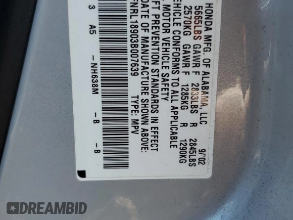 2003 Honda Odyssey EX-L z VIN 5FNRL18903B007639, wystawiony jako Copart lot #57230975 z przebiegiem 189 235 mil mil oraz Szkoda całkowita • Salvage title. Historia ofert i sprzedaży dostępna na DreamBid. Obrazek 13.